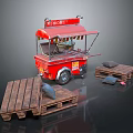 Red Food Cart With Fresh Hand Pulled Pancakes And Wooden Pallets