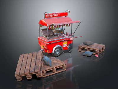 Red Food Cart With Fresh Hand Pulled Pancakes And Wooden Pallets 3d model
