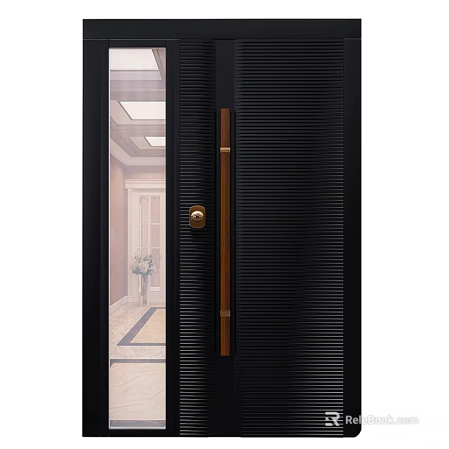 Black Modern Door With Vertical Stripes Glass Panel And Brass Handle 3d model 