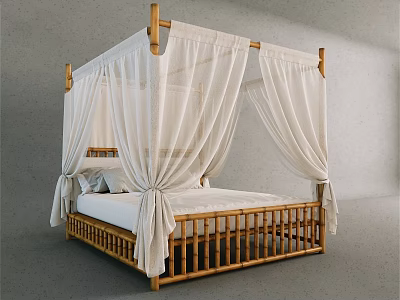 Four Poster Double Bed With Wooden Frame And White Canopy Curtains 3d model