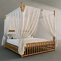 Four Poster Double Bed With Wooden Frame And White Canopy Curtains