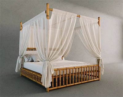 Four Poster Double Bed With Wooden Frame And White Canopy Curtains 3d model