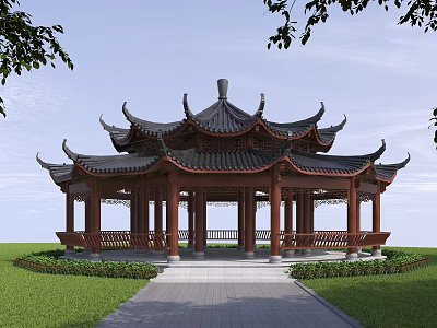 Ancient Chinese Pavilion With Traditional Curved Eaves Tiled Roof Red Pillars And Lawn Path 3d model