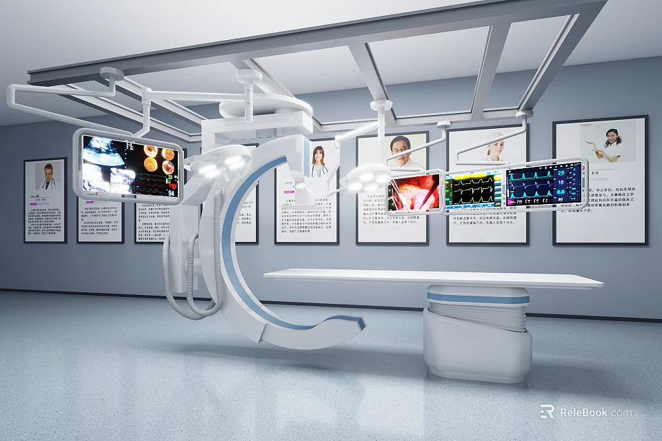 Advanced Medical Equipment With Suspended Device Surgical Table And Monitor Screens Showing Medical Images In Operating Room 3d model 