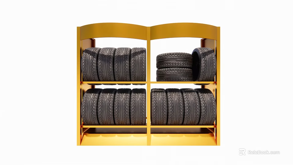 Stacked Tires Arranged on Golden Metal Shelf for Organized Storage 3d model 