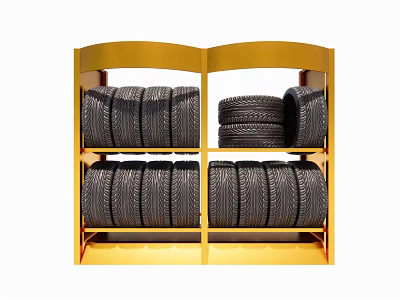 Stacked Tires Arranged on Golden Metal Shelf for Organized Storage 3d model