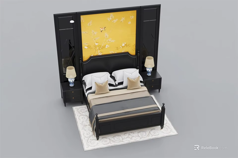 Double Bed with Yellow Floral Background Wall Black Headboard Pillows Nightstands Table Lamps and Rug 3d model 