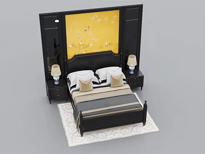 Double Bed with Yellow Floral Background Wall Black Headboard Pillows Nightstands Table Lamps and Rug 3d model