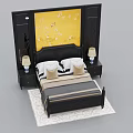 Double Bed with Yellow Floral Background Wall Black Headboard Pillows Nightstands Table Lamps and Rug