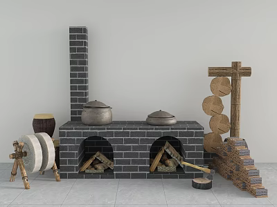 Vintage Kitchenware Display With Brick Stove Lidded Pots Wooden Rack And Stone Mill 3d model