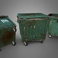 Green Worn Trash Bins With Wheels And One Open Lid Design