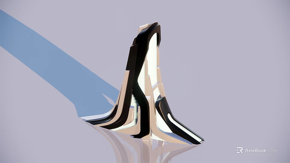 Streamlined Abstract Metallic Sculpture With Shiny Surface Purple Background Blue Shadow And Reflective Base 3d model