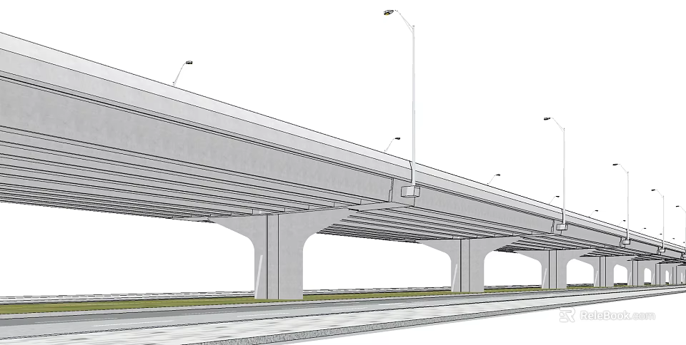 Modern Elevated Bridge Architectural Design With Supporting Piers And Street Lamps 3d model 