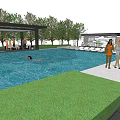 Modern Outdoor Pool Area Design With Lounge Chairs Shaded Pavilion And Surrounding Greenery