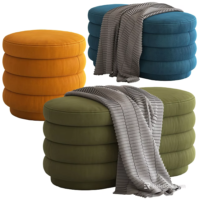 Multicolored Stacked Round Ottomans in Orange Blue Green with Soft Gray Blanket 3d model 