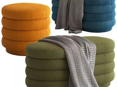 Multicolored Stacked Round Ottomans in Orange Blue Green with Soft Gray Blanket 3d model
