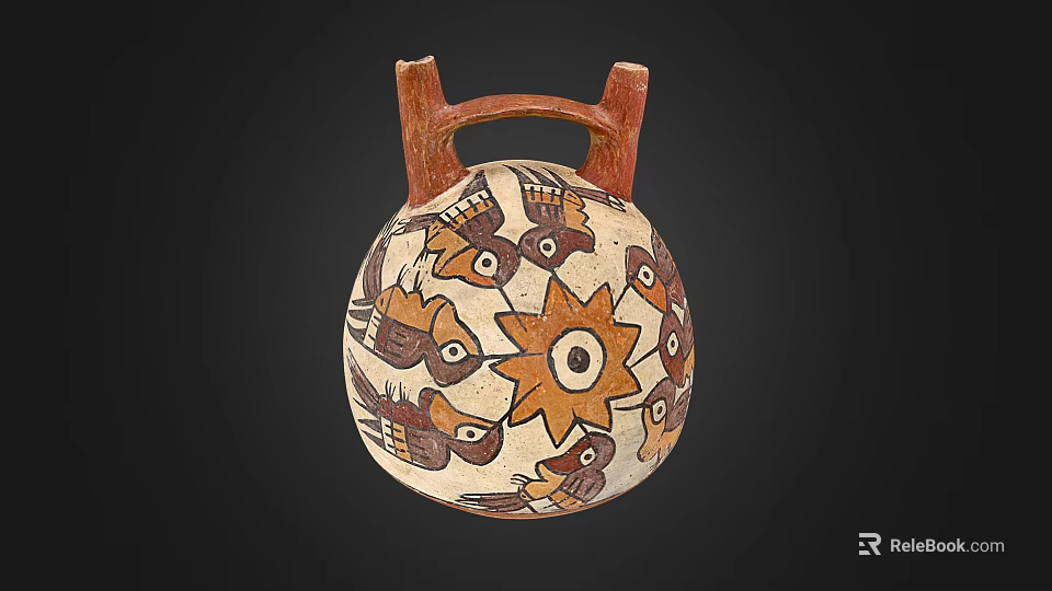 Handcrafted Ceramic Vessel With Spherical Shape Double Handles Brown Orange Animal Star Designs 3d model 