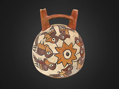 Handcrafted Ceramic Vessel With Spherical Shape Double Handles Brown Orange Animal Star Designs 3d model