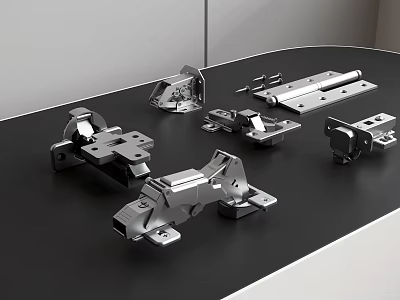 Assorted Stainless Steel Hinges and Furniture Hardware Fittings on Black Table 3d model