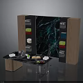Modern Home Office Interior With Marble Texture Wall Wooden Cabinets And Black Desk