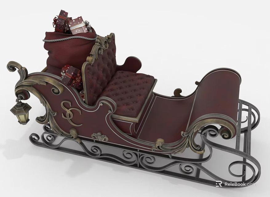 Elegant Santa's Sleigh With Deep Red Upholstery Ornate Metal Accents And Gift Pile 3d model 