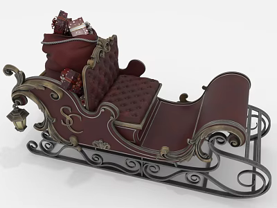 Elegant Santa's Sleigh With Deep Red Upholstery Ornate Metal Accents And Gift Pile 3d model