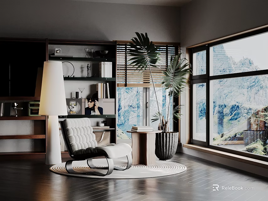 Modern Interior Decorative Ornament Set With Bookshelf Chair Potted Plant And Scenic Window 3d model 