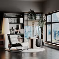 Modern Interior Decorative Ornament Set With Bookshelf Chair Potted Plant And Scenic Window