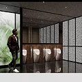 Modern Hotel Corridor With Wooden Doors Black Lines Lattice Glass Panels And White Floor