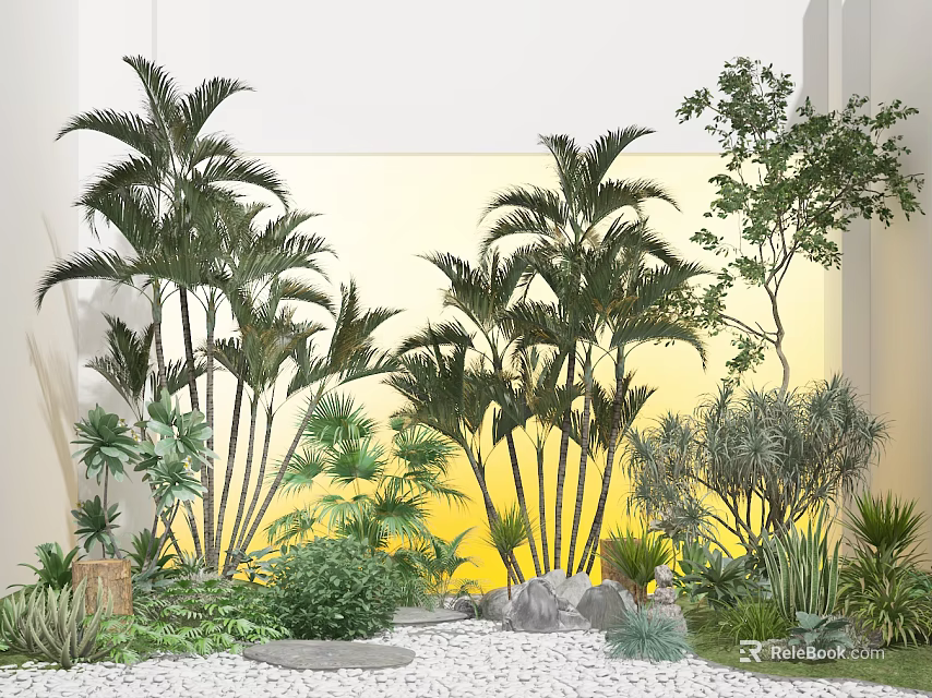 Tropical Plant Combination With Palm Trees Various Greenery Stones And Pebble Path 3d model 