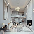 Elegant Duplex Living Room Interior With Spiral Staircase Grand Chandelier And Marble Flooring