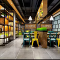 Korean BBQ Restaurant Interior With Pendant Lights Yellow Blue Chairs And Dining Tables