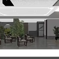 Modern Chinese Front Desk Reception Area With Wooden Chairs Green Plants And Staircase In Lobby