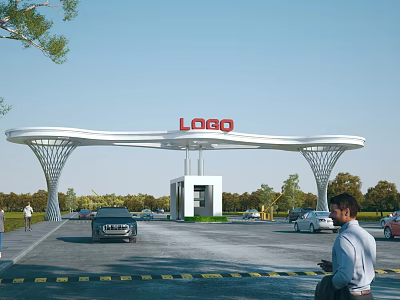 Modern Covered Entrance Gate with Logo Cars Trees People and Blue Sky 3d model