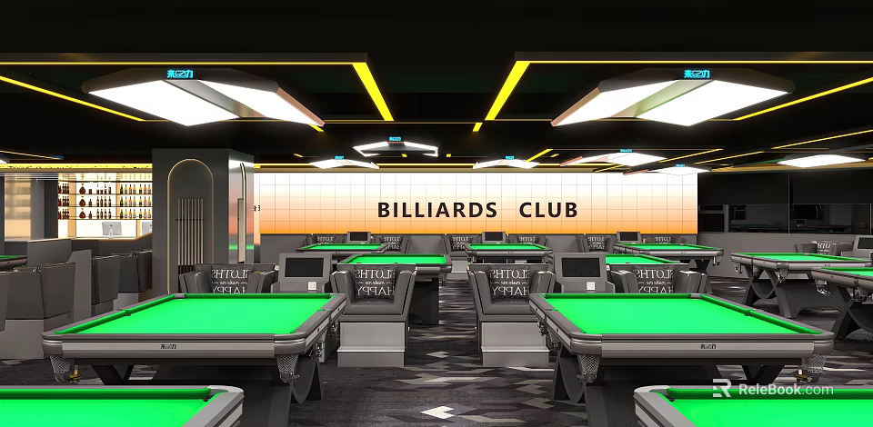 Modern Billiards Club Interior With Multiple Green Felt Tables And Modern Lighting 3d model 
