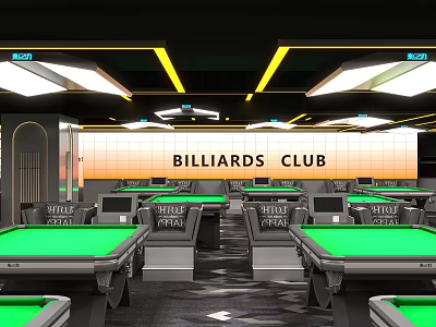 Modern Billiards Club Interior With Multiple Green Felt Tables And Modern Lighting 3d model