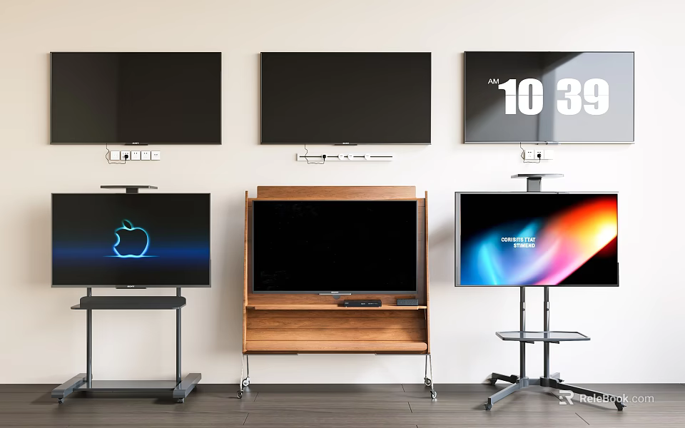 Multiple Televisions Mounted on Wall and Stands with Black and Lit Screens Displaying 3d model 