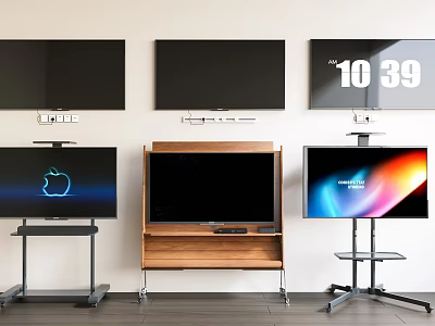 Multiple Televisions Mounted on Wall and Stands with Black and Lit Screens Displaying 3d model