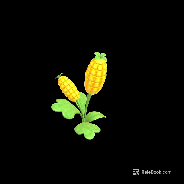 Fresh Corn Plant With Green Leaves And Two Yellow Ears 3d model 