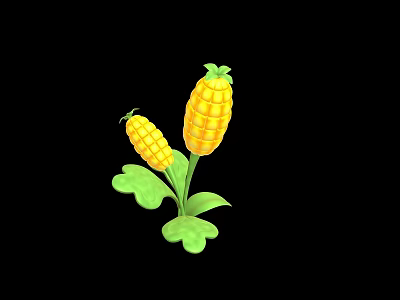 Fresh Corn Plant With Green Leaves And Two Yellow Ears 3d model