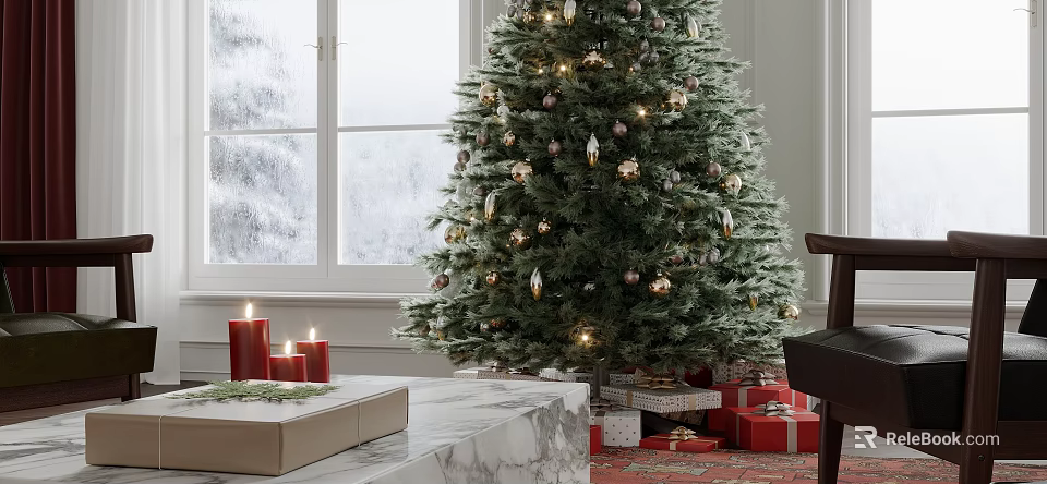 Festively Decorated Christmas Tree With Gifts Candles And Snowy Window View 3d model 