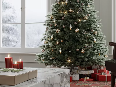 Festively Decorated Christmas Tree With Gifts Candles And Snowy Window View 3d model