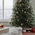 Festively Decorated Christmas Tree With Gifts Candles And Snowy Window View