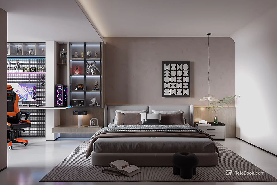 Modern Open Design Bedroom With Bed Nightstand Pendant Light And Decorative Wall Art 3d model 
