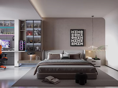 Modern Open Design Bedroom With Bed Nightstand Pendant Light And Decorative Wall Art 3d model