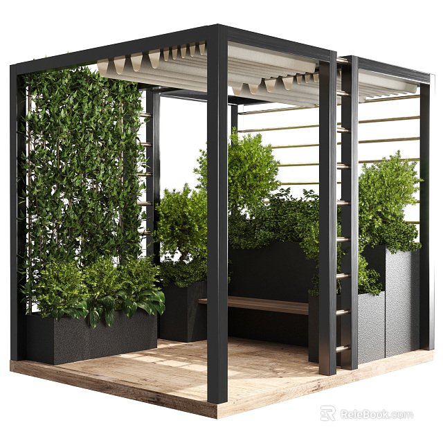 Modern Pergola Design with Black Frame Green Plants Vertical Greenery Wooden Deck and Bench 3d model 