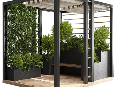Modern Pergola Design with Black Frame Green Plants Vertical Greenery Wooden Deck and Bench 3d model