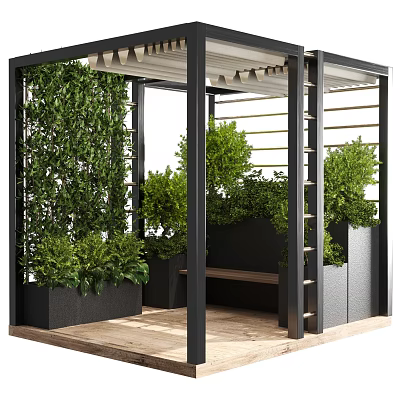 Modern Pergola Design with Black Frame Green Plants Vertical Greenery Wooden Deck and Bench 3d model
