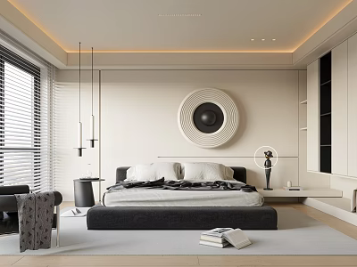 Modern Bedroom Interior Design With Round Art Pendant Lights Floor to Ceiling Windows And Blinds 3d model
