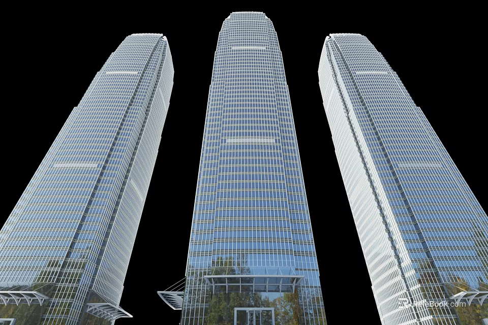 Three Modern Tall Office Buildings With Glass Curtain Walls And Reflective Surfaces 3d model 
